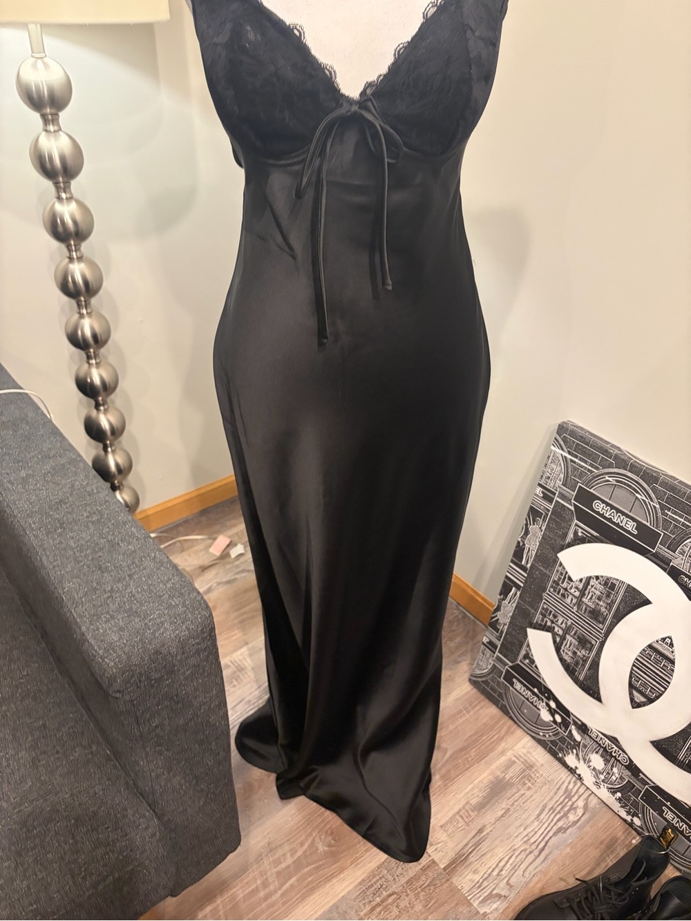 Princess Polly Black Satin Lace-Trim Long Chemise Size 6 - Picture 3 of 11